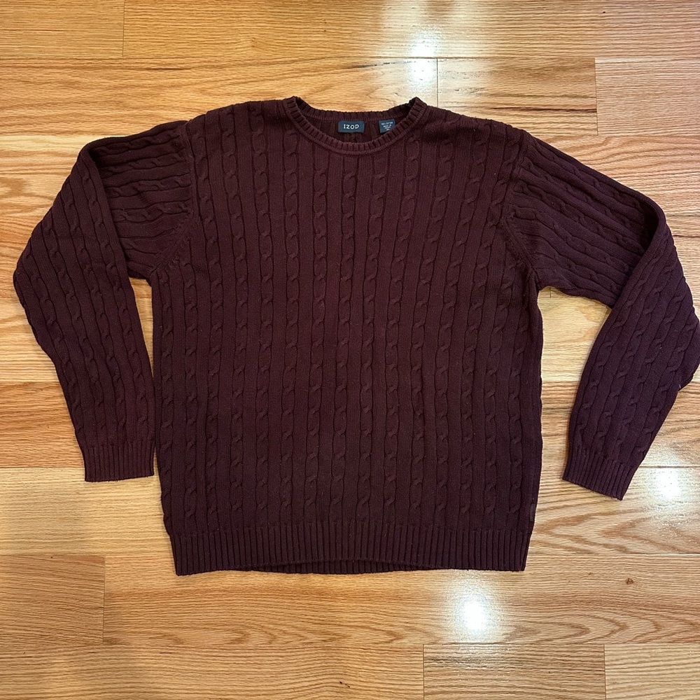 IZOD Men's Cable Knit Cotton Crewneck Sweater Maroon Sz XL